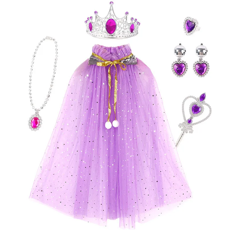 

Girls Princess Cloak Set Dress Up Princess Accessories With Jewelry Cosplay Princess Cape Tiara Crown Bracelets Necklace Set