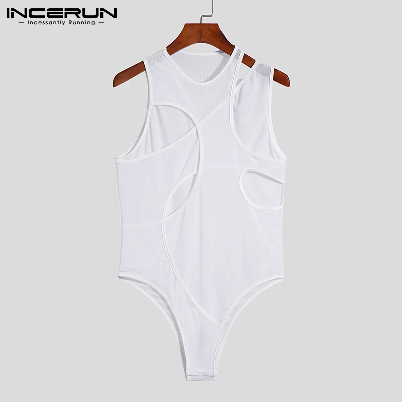INCERUN 2022 Comfortable Homewear Men's Jumpsuit See-through Mesh Solid Color Male Irregular Sleeveless Triangle Bodysuits S-5XL mens pajama bottoms