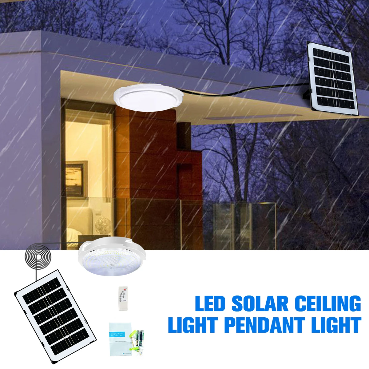 

Светодиодный потолочный светильник на солнечной батарее, уличная лампа на солнечной батарее с дистанционным управлением и датчиком освещения, 60 светодиодов, 2000 мАч