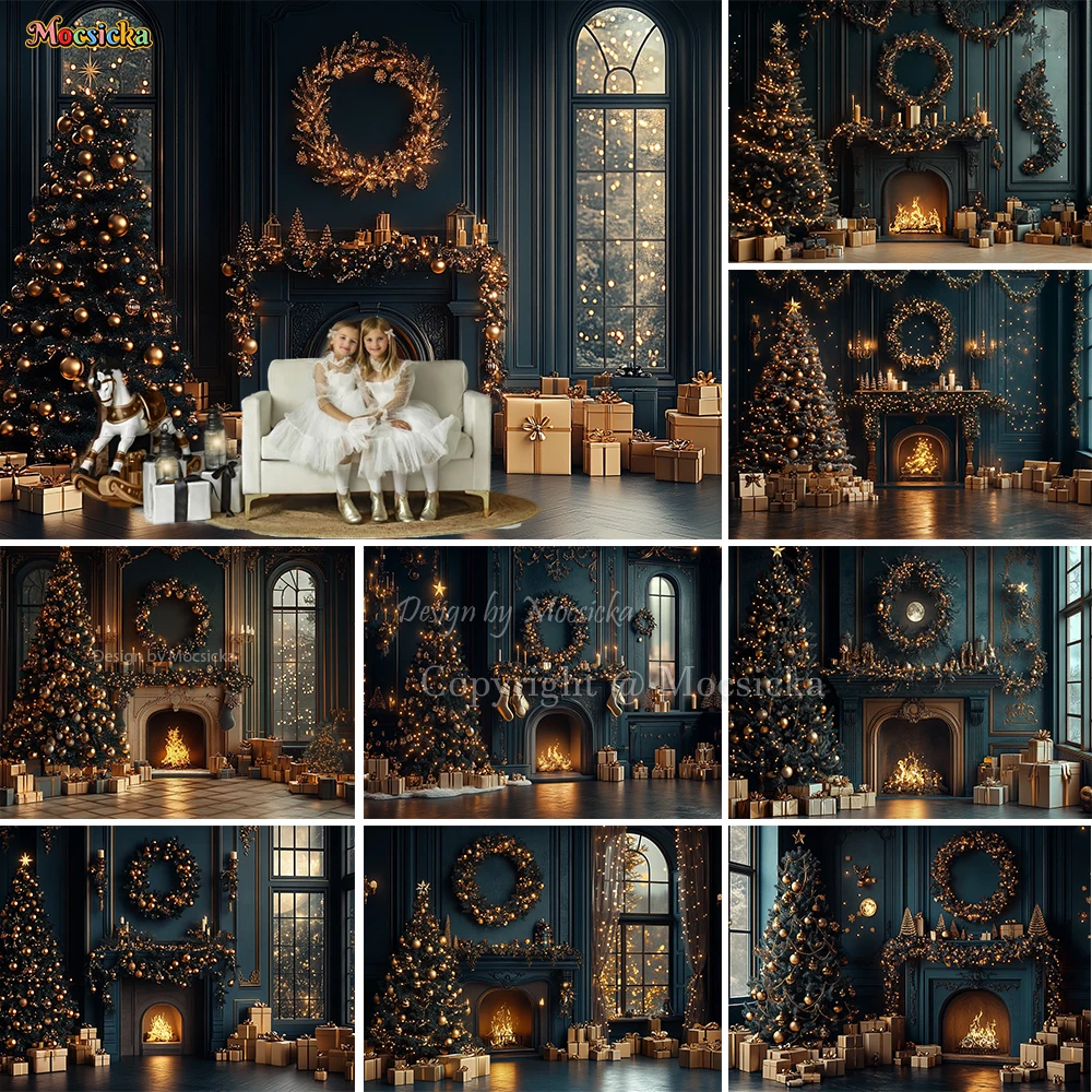 Black Fireplace Background for Christmas Photography Gold Xmas Tree ...