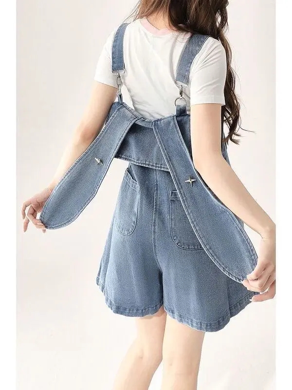 Slimming Rabbit Ear Denim Overalls Women's Summer Thin Large Size Onesie Faionable orts Sister in plus Size Clothing