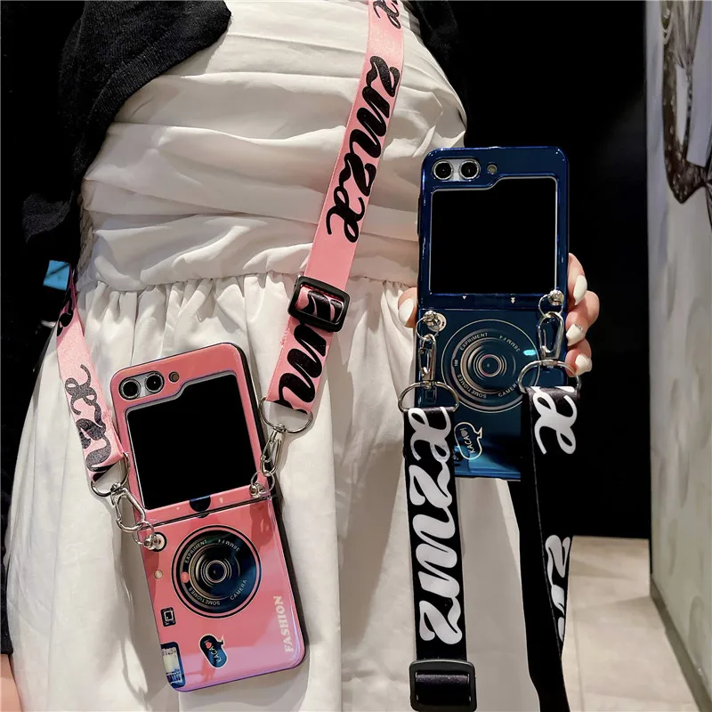 Blu-ray Retro Camera Flip5 Phone Case For Samsung Galaxy Z Flip 5 4 3 5G Crossbody Lanyard Protective Flip3 Flip4 Cover