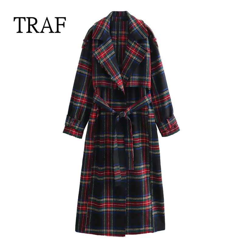 

TRAF 2023 Plaid Women Jackets Fashion with Belt Long Coat Women Clothing Vintage Jacket Loose Long Sleeved Female Jackets Chic