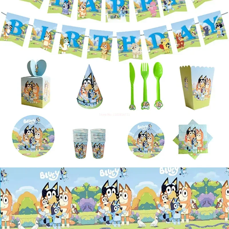 Bluey-Serie de suministros para fiesta de cumpleaños, vajilla desechable, platos de papel, vasos de papel, pañuelos, decoración de fiesta de cumpleaños, regalo de juguetes para niños