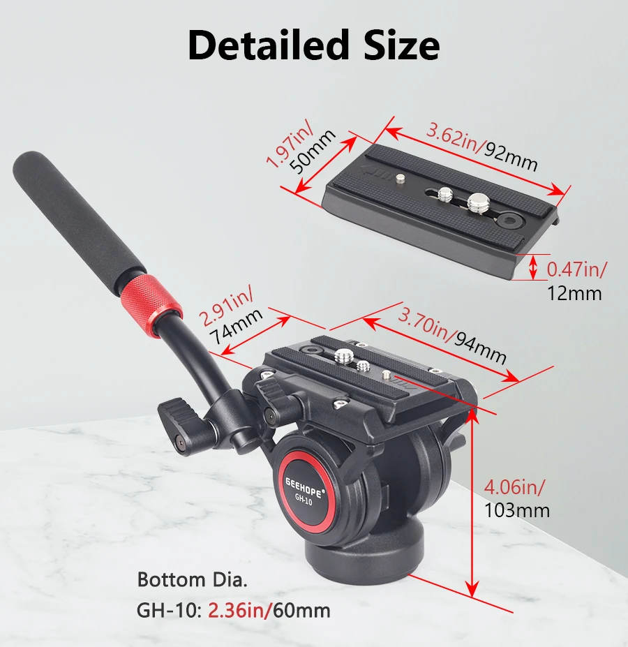 GH-10 Fluid Video Head, with 1/4" and 3/8" Screws Sliding Plate Maxload 10kg fo