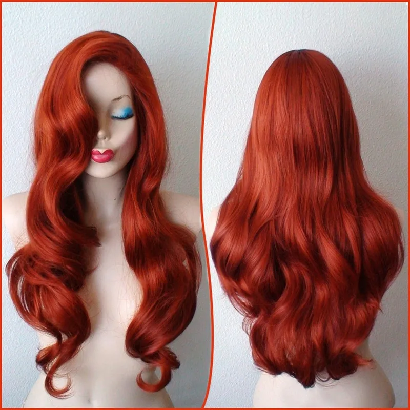 Jessica Rabbit Wavy Long Copper Red Hair Little Mermaid Princess Ariel Heat Resistant Cosplay Costume Wig + Wig Cap