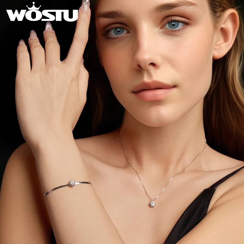 WOSTU Moissanite Wedding Jewelry 4 Set For Women 925 Sterling Silver Romantic Flower Enegagement Necklace Bracelet Earring Ring 2