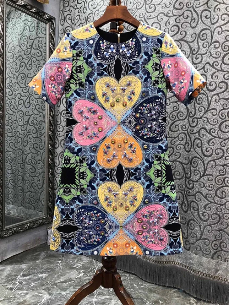 

New 2022 Autumn Dress High Quality Women O-Neck Vintage Jacquard Patterns Hand Made Beading Short Sleeve Straight Cotton Dress