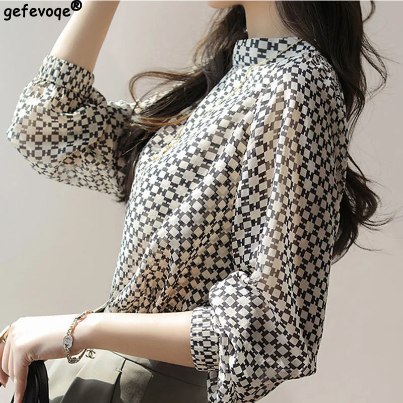 

2022 Summer New Temperament Office Print Blouses O Neck Long Sleeve Tops Chiffon Simplicity Shirts Fashion Casual Women Clothing