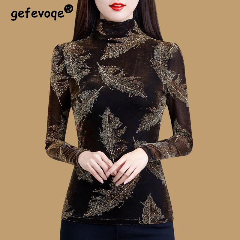 

Women Vintage Fashion Bright Silk Feather Graphic Elegant Basic T Shirt Autumn Half High Collar Long Sleeve Slim Pullover Tops