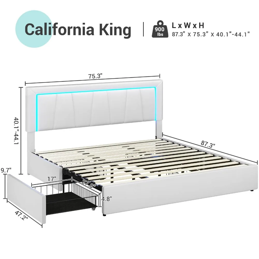 California King Bed Frame with 4 Storage Drawers Underneath, Upholstered Platform Bed with Artificial Leather Headboard 6