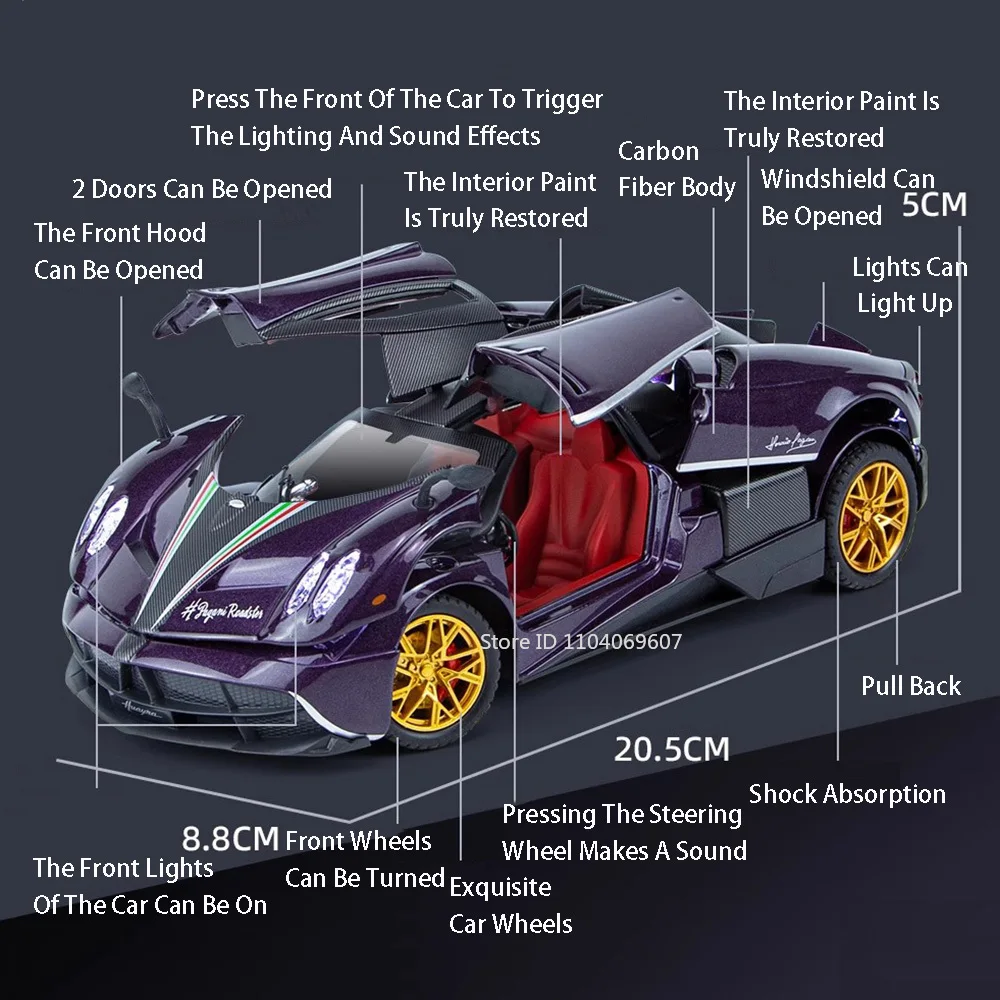 1:24 Pagani Huayra Dinastia 스포츠카 모델 장난감 합금 다이캐스트 사운드 라이트 4 도어 오픈 레이싱 차량 어린이 선물 컬렉션