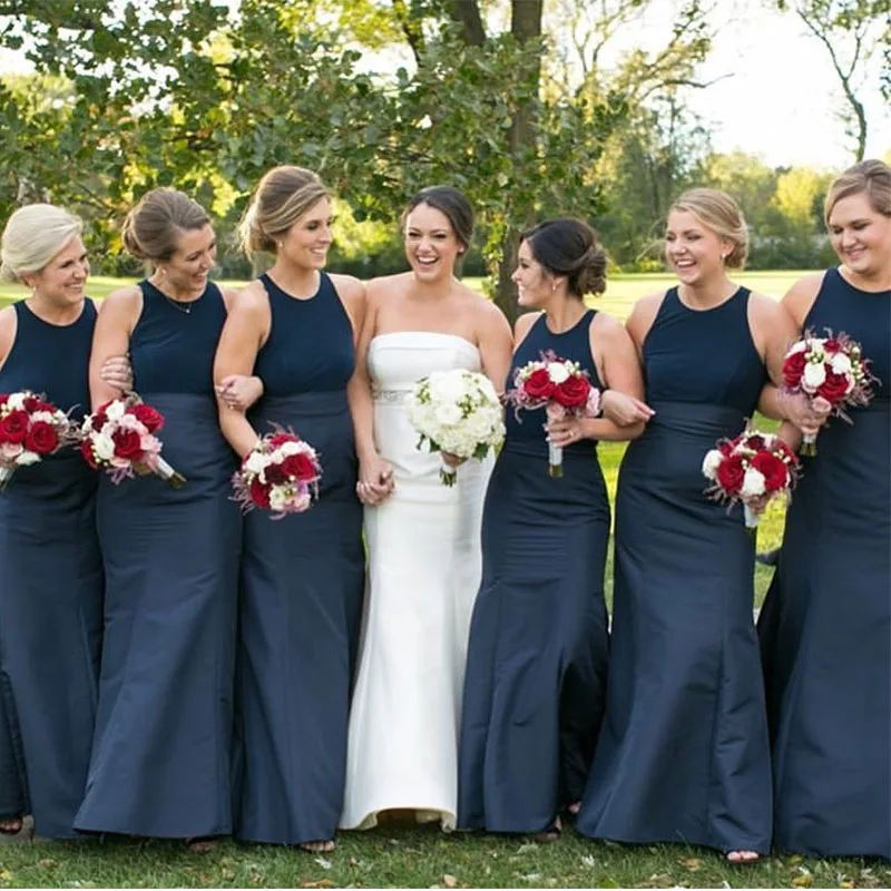 

Elegant Simple Bridesmaid Dresses Mermaid Style Jewel Neck Satin Navy Blue Wedding Guest Party Dress Robe De Soiree