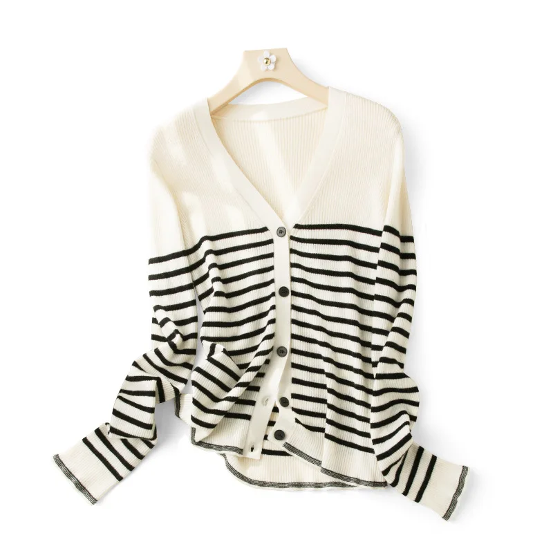

Ribbed Striped Knitted V Neck Wool Cardigans Women 2023