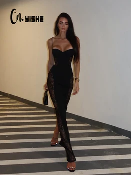 CNYISHE Canottiere patchwork in pizzo Solid Split Abiti da donna Hip Wrap Guaina Moda Chic Abiti da festa Club sexy Trendy femminile