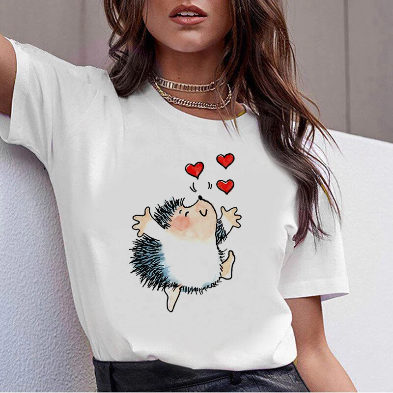 

2023 Women Happy Hedgehog Graphic Harajuku Tshirt Short Sleeve T Shirt Women Cute Funny Girls Tee Tops