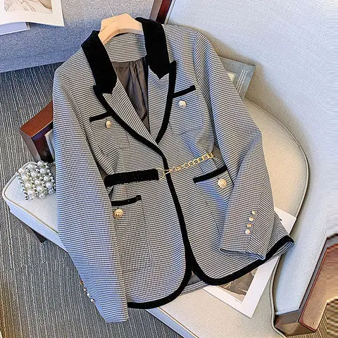 

2023 Spring And Autumn Fashion Tops High-end Design Thousand Bird Check Waist Suit Jackets For Women In Early Elegant Casual