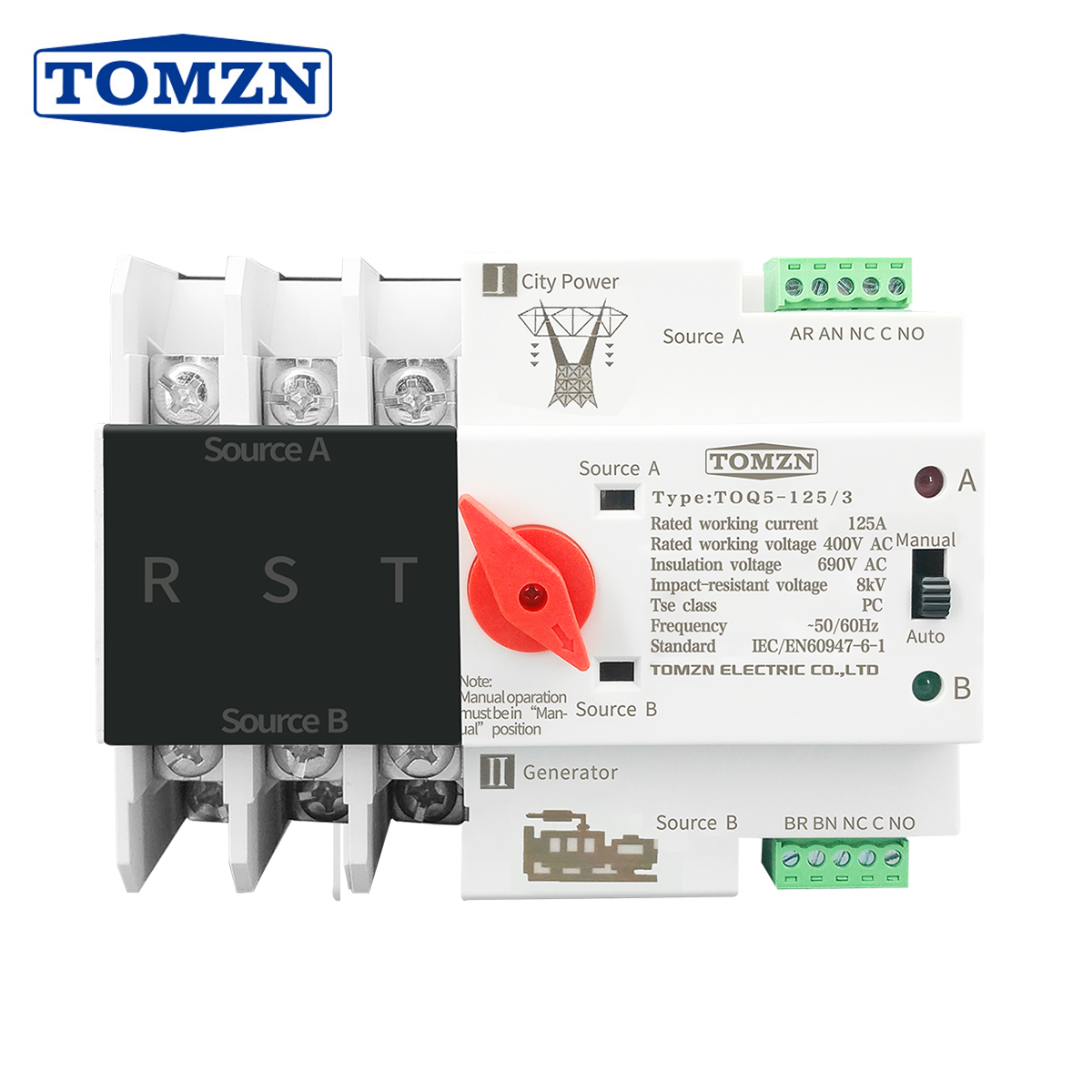 TOMZN 3P 3 Phase Din Rail ATS Dual Power Automatic Transfer Switch Electrical Selector Uninterrupted Power 63A 100A 125A
