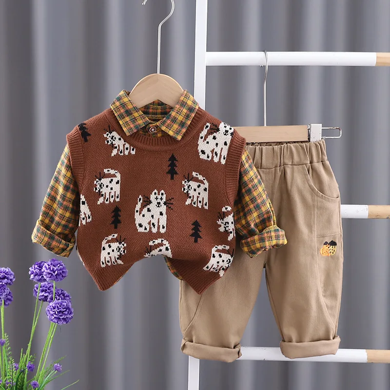

Personalized Baby Boy Luxury Clothes for Kids Designer Korean Cartoon Cats Knitted Sweater Vest + Shirts + Pants Toddler Outfits