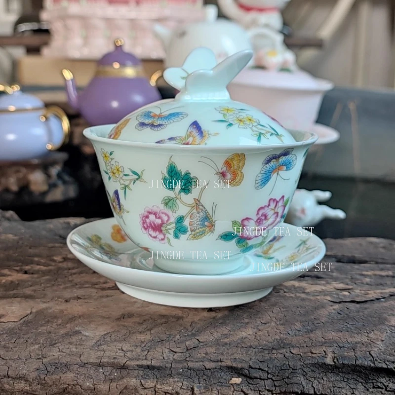 160ml Enamel Covered Bowl Ceramic Butterfly Love Flower Three Talent Bowl Tea Cup Cute Tea Set Tea Set Accessories