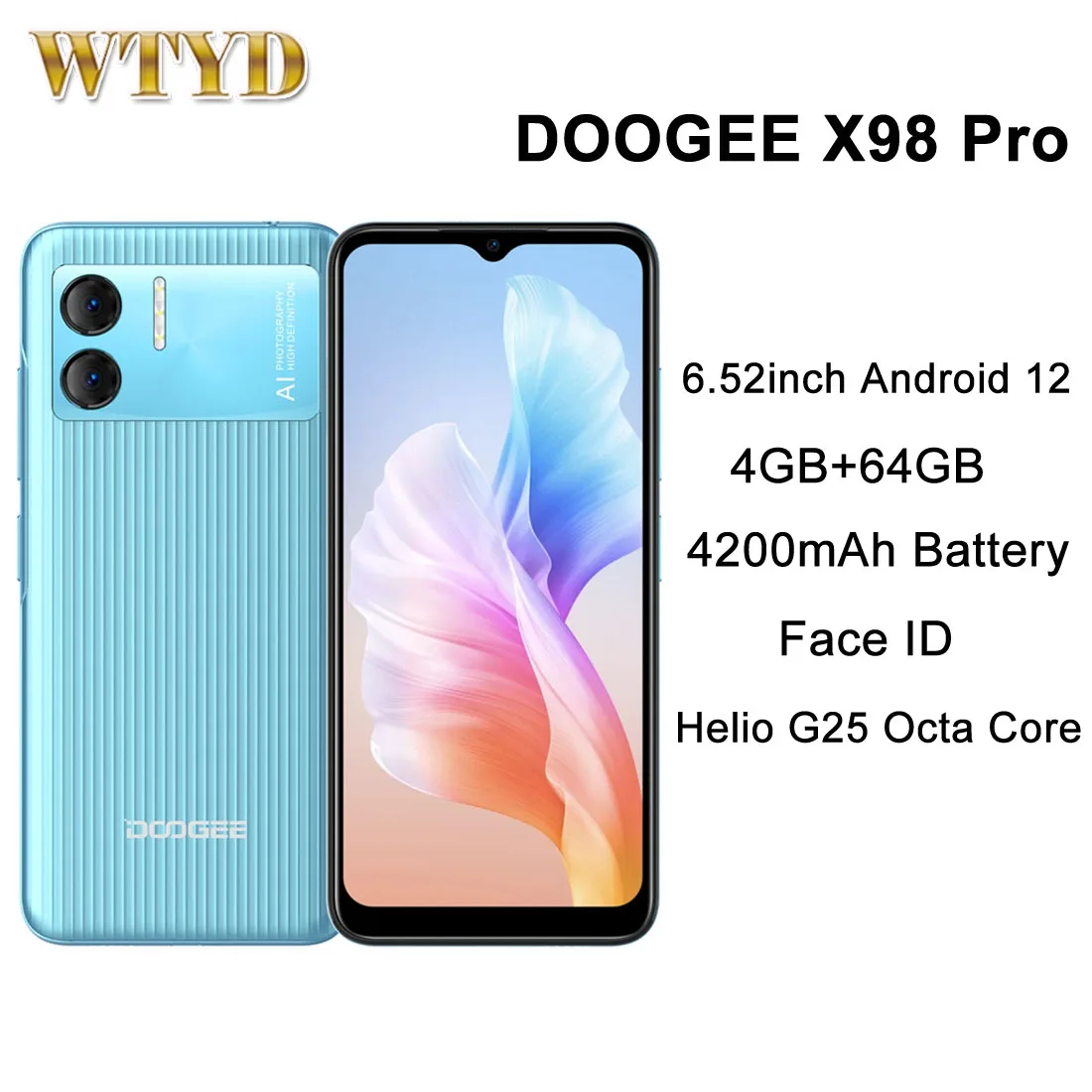 Doogee-スマートフォンx98Pro,4GB,64GB,4200mAh,6.52インチ,Android 12