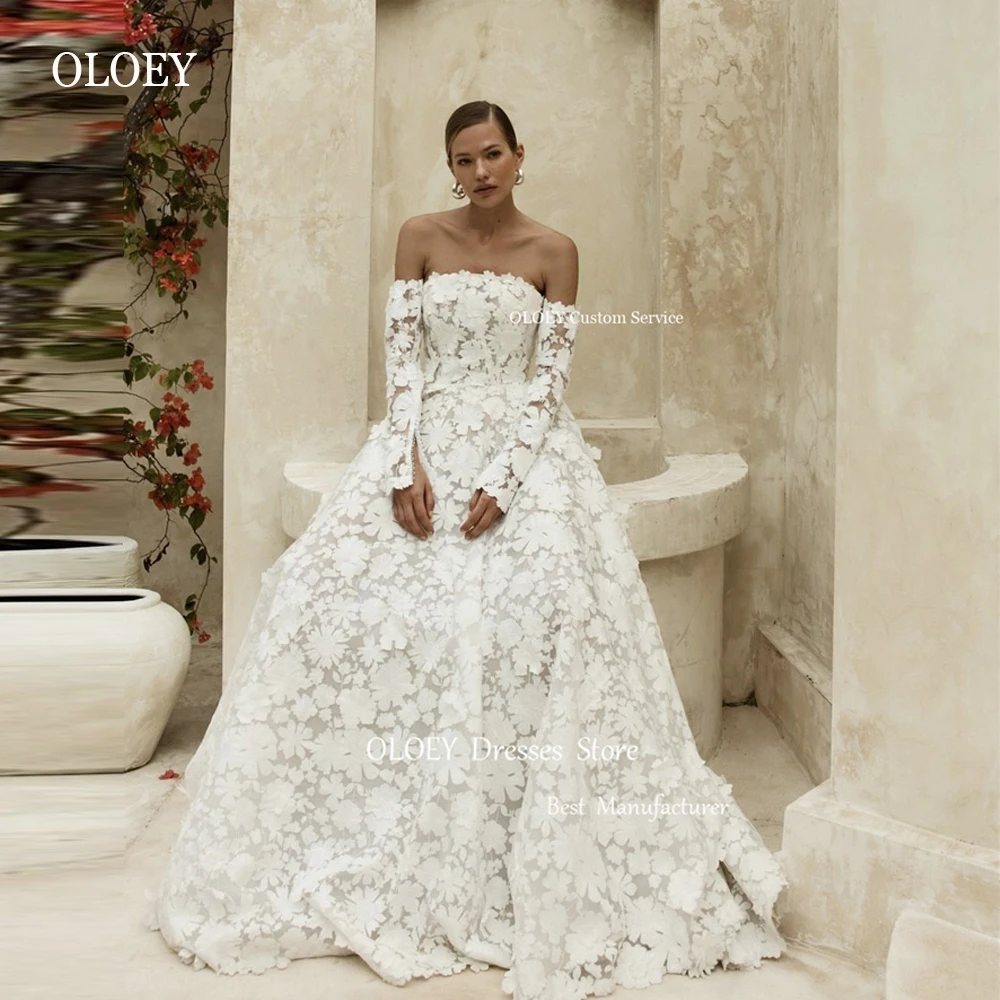 

OLOEY 2023 New Exquisite Full Lace A Line Wedding Dresses Long Sleeves Strapless Floor Length bridal Gowns Vestido de noiva