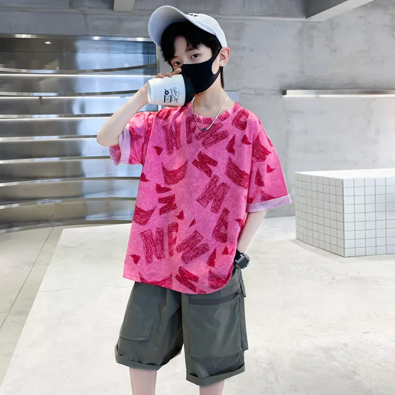 Boys Sets Clothing Middle School Children Summer Cotton Leisure Short  Tshirt Top + Shorts 2 Pieces Korean Outfits 5-14 Years Old