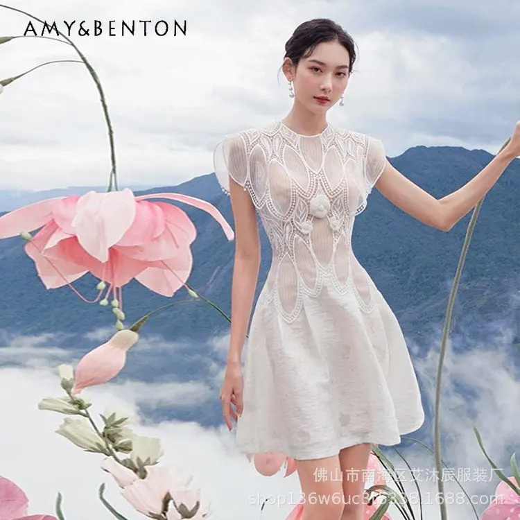 

Fashionable Sleeveless Slim Dress 2023 Summer New Lace Dress Women's Temperament Crew Neck Hollow Flower Niche White Dress