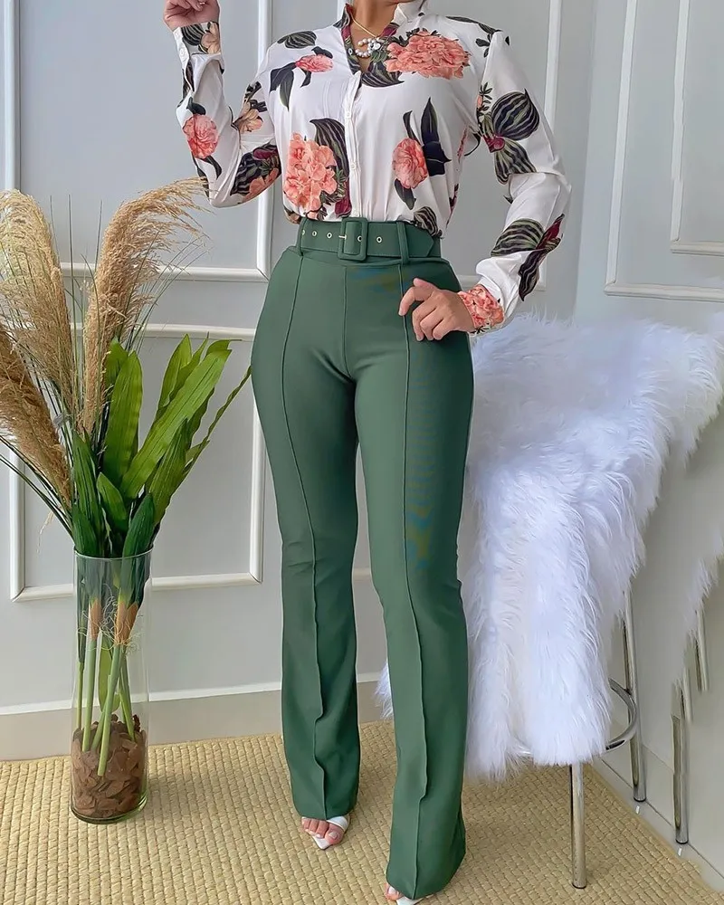 Women Chic Fitness Two Piece Set Spring Autumn Long Sleeve Leaf Print Buttoned Shirt & High Waist Pants Set Africa Clothing Africa Clothing