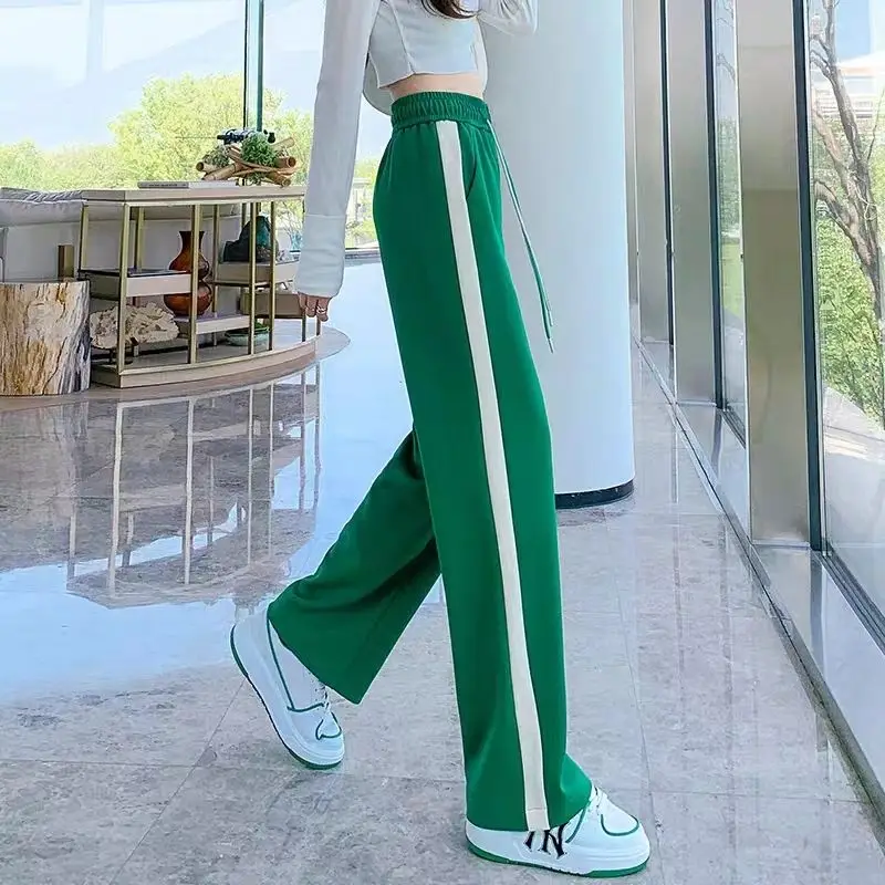 Korean Casual Women's Contrast Color Spliced Wide Leg Pants Summer Fashion Sporty Drawstring Loose High Waist Trousers Female