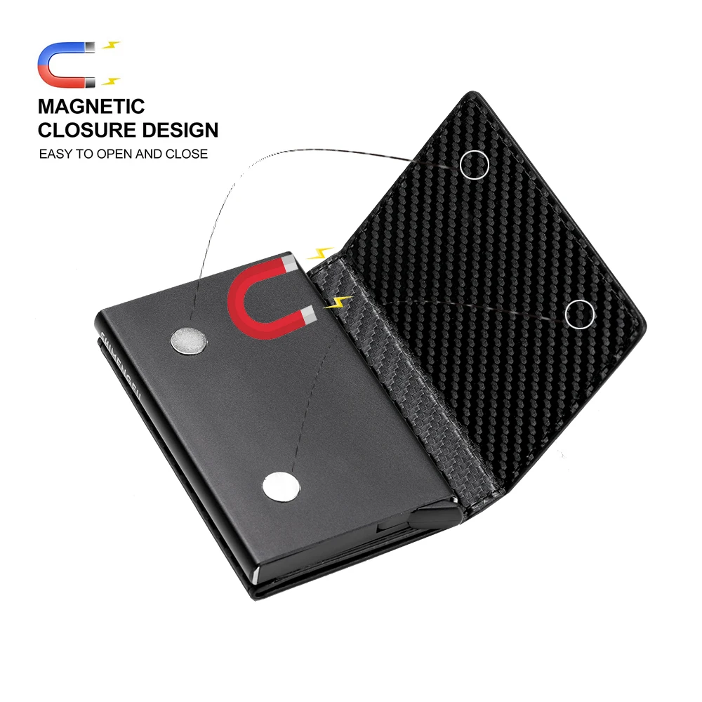 Magnetic Automatic Card Holder PU Leather Mini Wallet RFID Blocking Metal Card Case Business ID Holder for Men And Women