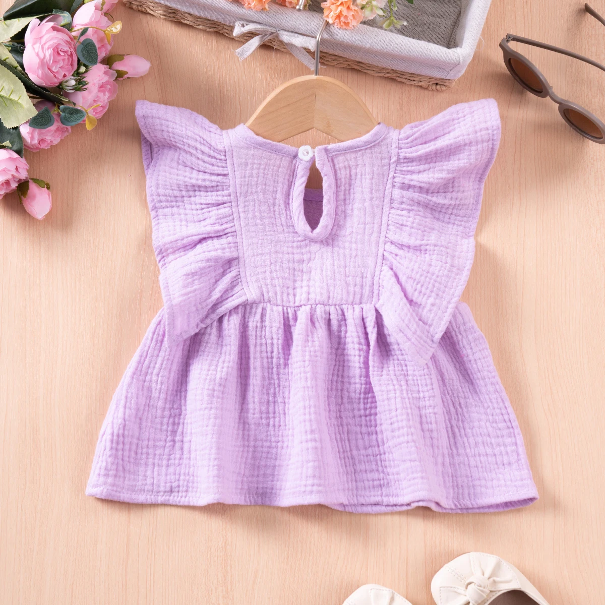 Summer Young Girls Vest Baby Solid Colour Small Fly Sleeve Top Casual Round Neck Breathable Sweet Three Colours To Choose From 2