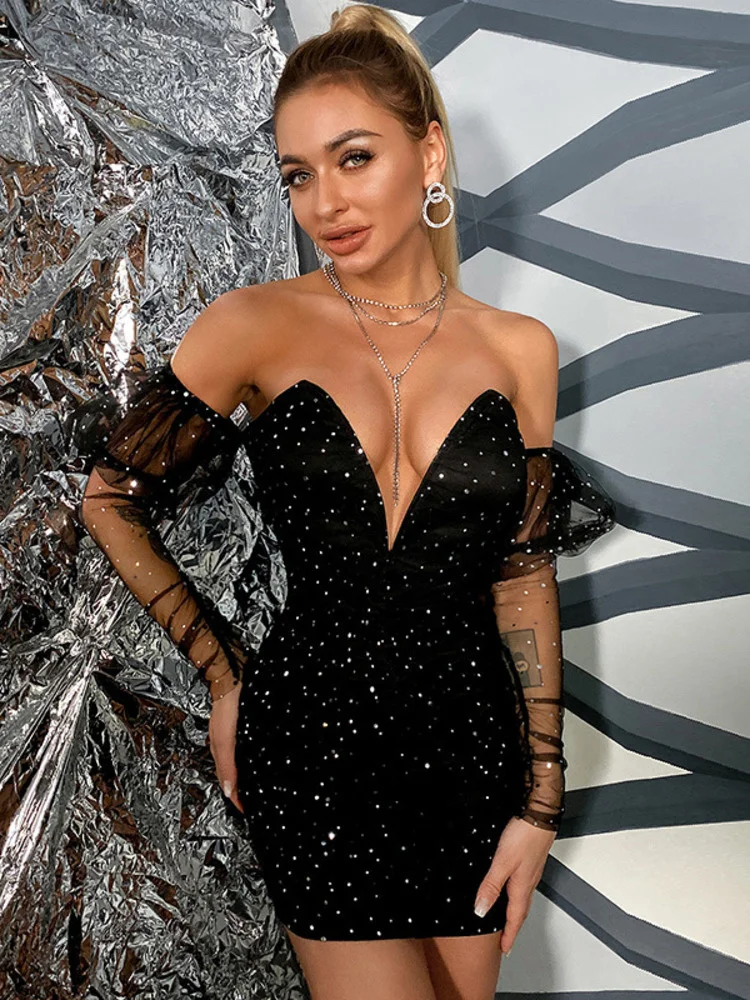 

Zoctuo Sequin Mesh Puff Sleeve Mini Dress Women Party Sexy Backless Cocktail Bodycon Club Outfits Dresses For Women In Black