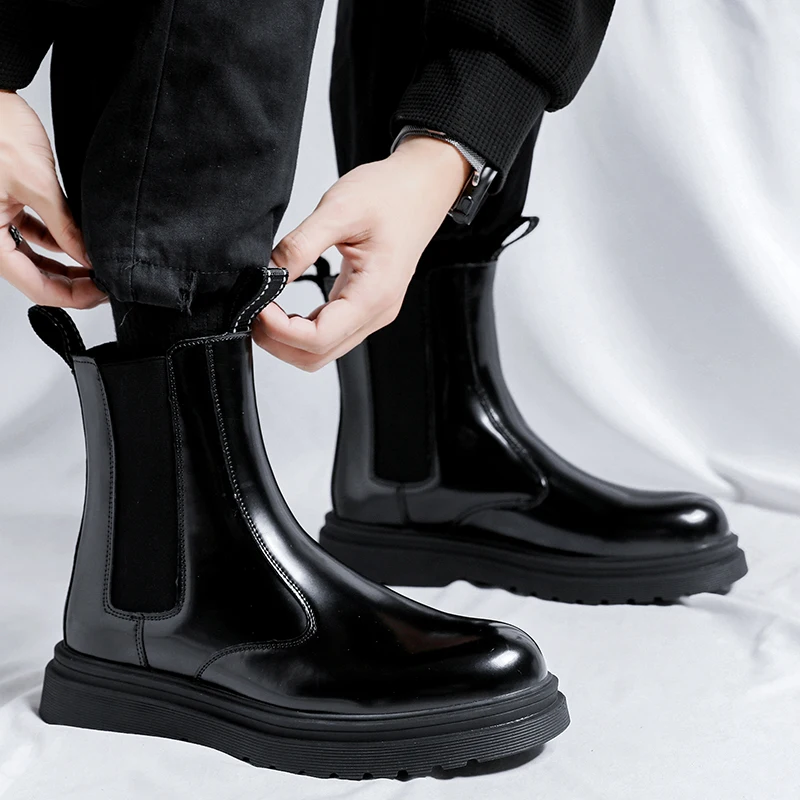 

New Autumn and Winter New British Style Retro Chunky Bottom Platform Sewing Size 38-44 Genuine Leather Men Mid Cut Chelsea Boots