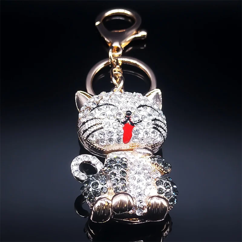 Cartoon Cat Keychain Rhinestone Gold Color Cute Kitty Keyring