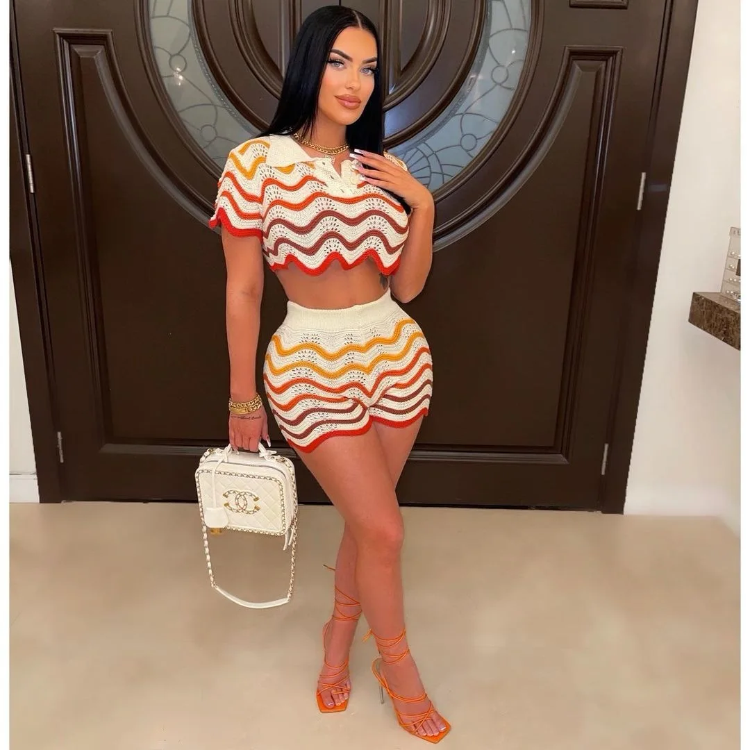 

Women Summer Knit Ribbed Rainbow Short Sleeve Shirt and Shorts Set 2023 Fashion Vacation Beach Two 2 Piece Set Outfit Tracksuit