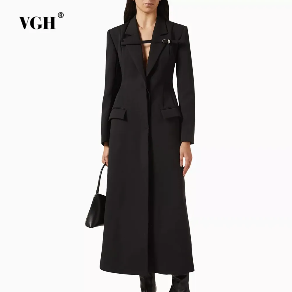 

VGH Solid Patchwork Belt Slimming Trench Notched Collar Long Sleeve High Waist Temperament Long Coat Female Fashion Clothes New