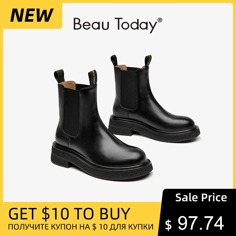 

BEAUTODAY Chelsea Boots Women Calfskin Leather Solid Color Round Toe Slip-on Elastic Band Spring Ladies Shoes Handmade 03A46