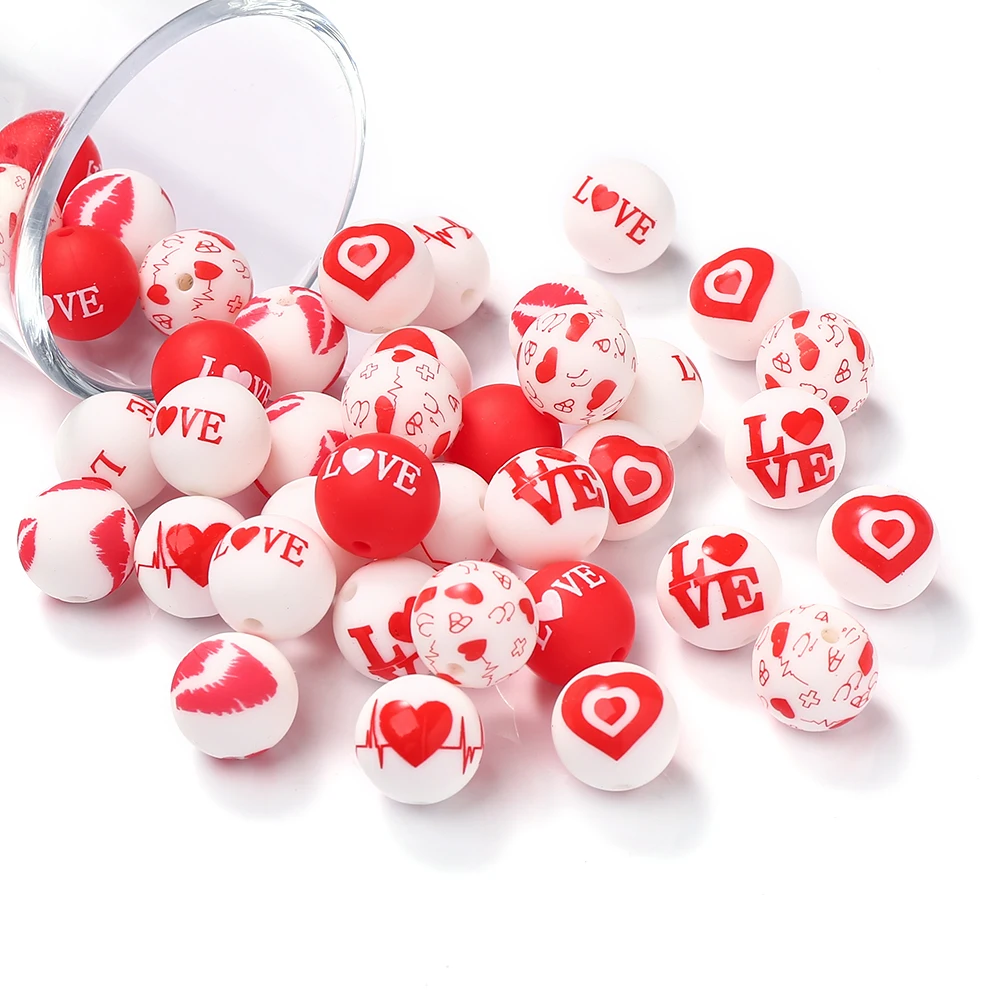 Baby Teether Round 15mm Love Heart Print Silicone Bead DIY Newborn Gift Pacifier Necklace Chain 10pcs teething toys silicone teething toys baby teething toys silicone beads silicone teether silicone teething beads