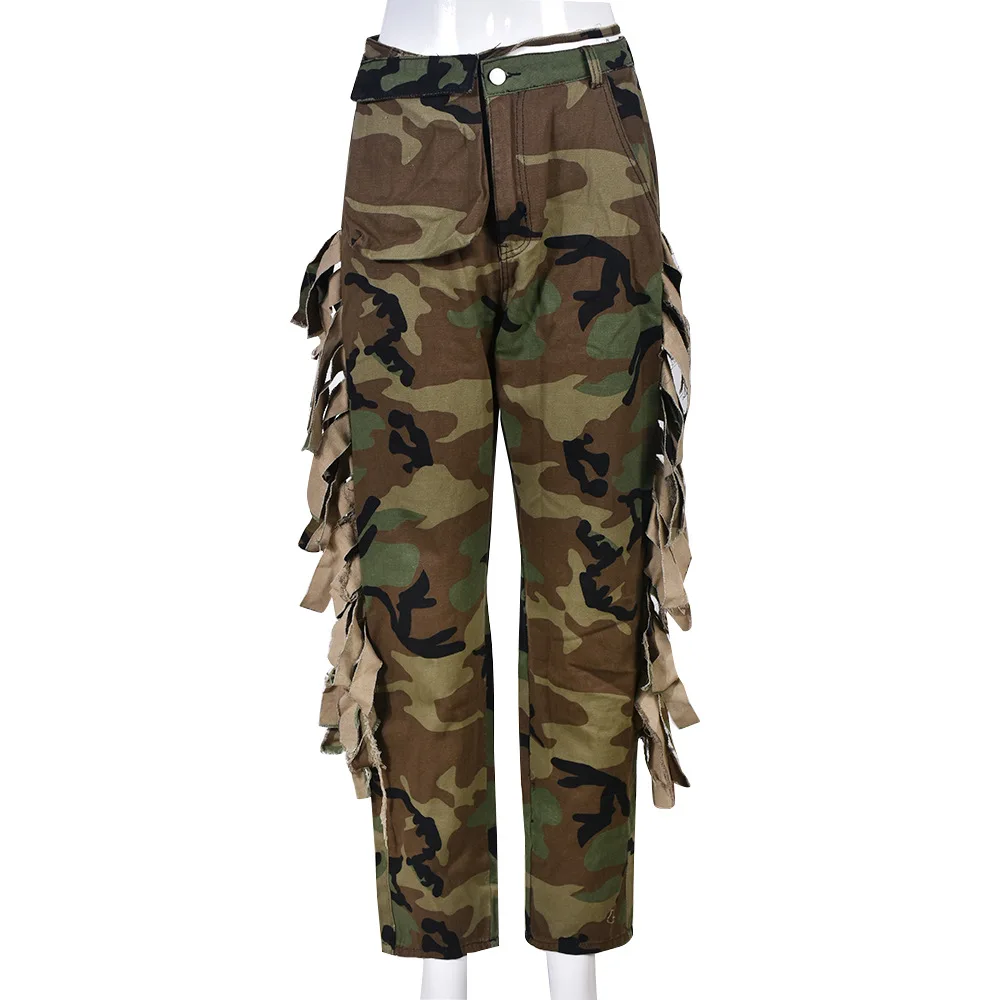 Tassel-Decorated High-Waisted Green Camo Cargo Pants 2