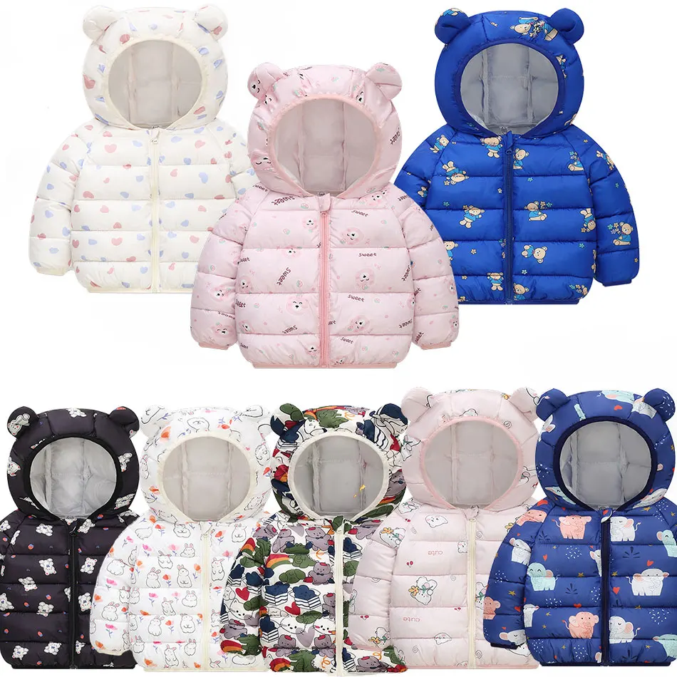 

Toddler Cotton Clothes Cartoon Print Warm Coat Thickened Down Jackets 2023 Autumn Winter Boys Girls Hooded Outerwear 1-6Years
