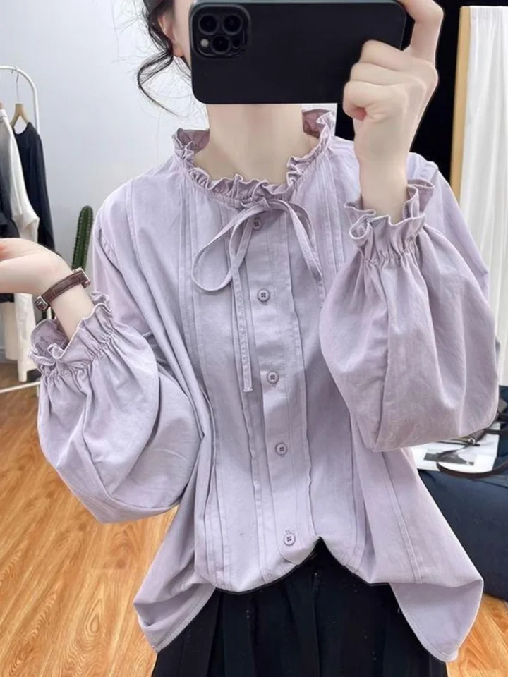 Zimo Qinghe French Sle Retro Lace Collar Pure Cotton Shirt Women's