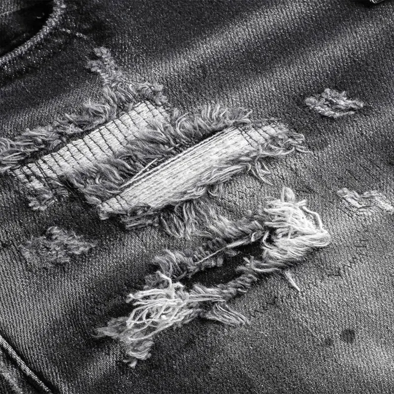 Streetwear Fashion Men Jeans Retro Black Gray Stretch Slim Fit Hole Ripped Jeans Men Patched Designer Hip Hop Brand Pants Hombre