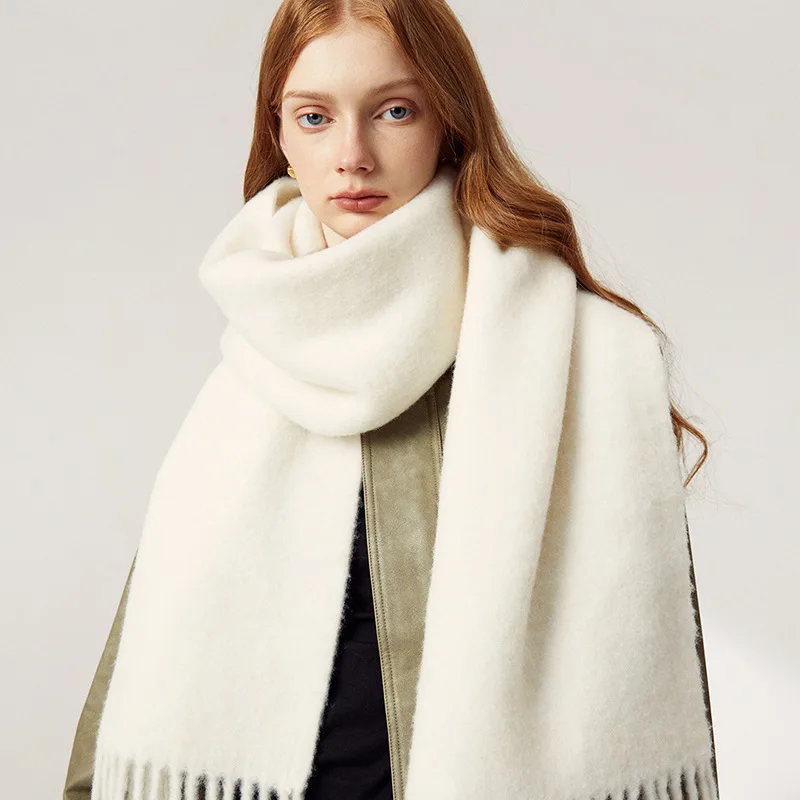 White tassel long mohair warm windproof scarf, simple and stylish, thick and comfortable winter scarf 4
