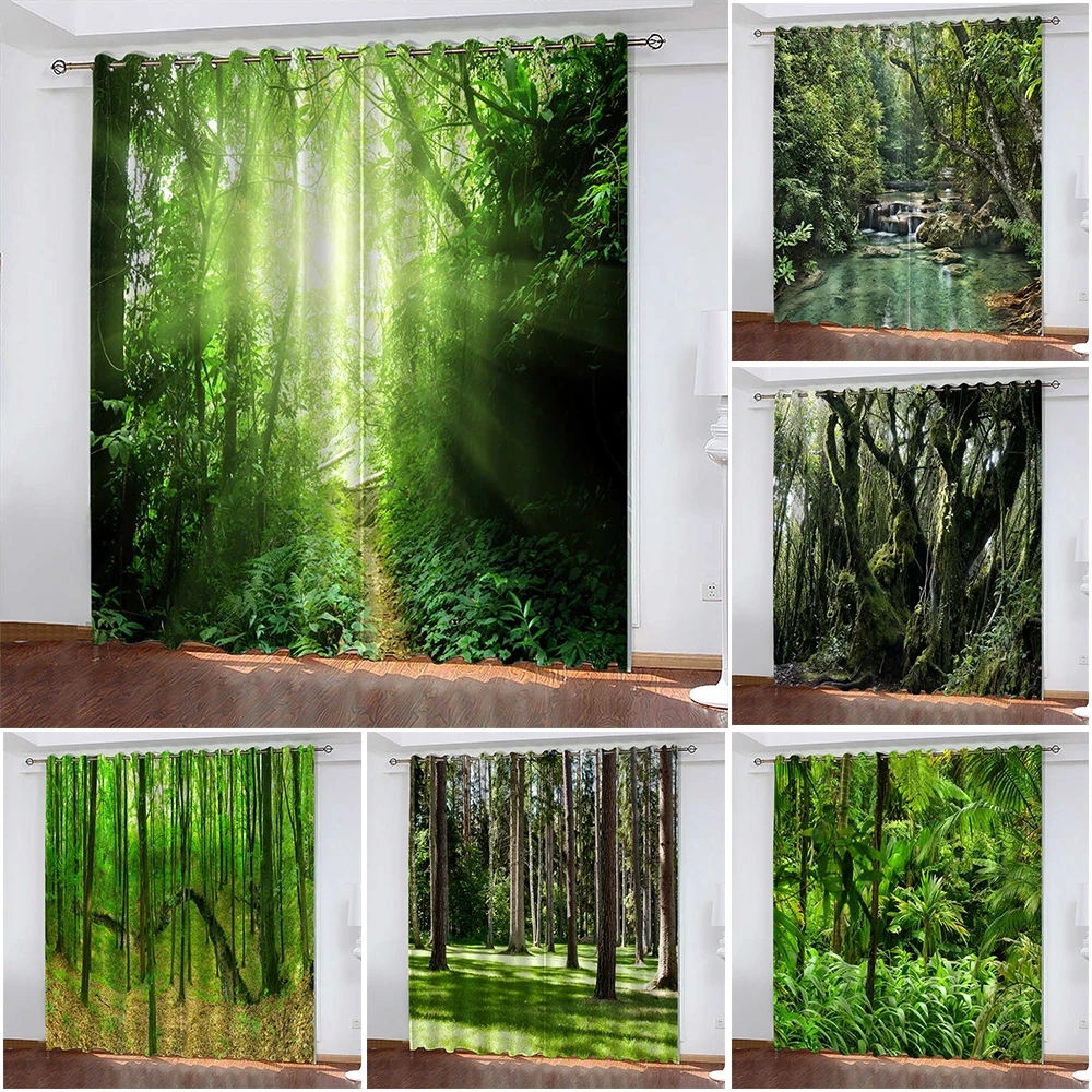 

Green 3D Print Curtain Forest Landscape Curtain Biparting Open Blackout Curtain Cortina De Sombra Bedroom Living Room