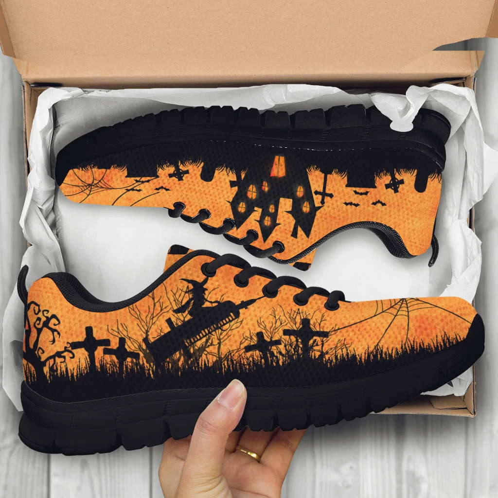 INSTANTARTS Ladies Casual Sneakers Shoes Fashion Halloween Witch Ghost Cobweb Printing Women Lace-up Flat Shoes Air Mesh Shoes