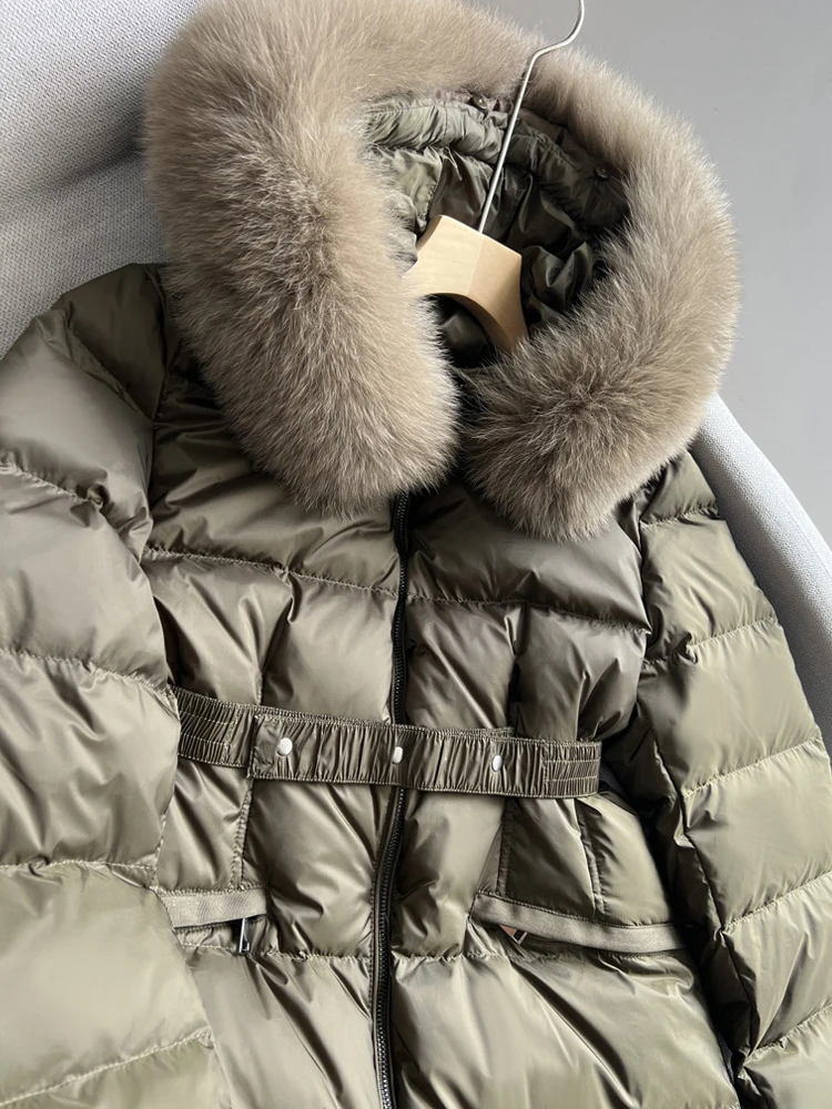 Luxury Women's Fur collar down jacket Warm Solid 2023 Winter Elegant Adjustable waist puffer coat Female outwear INKEO 3O256
