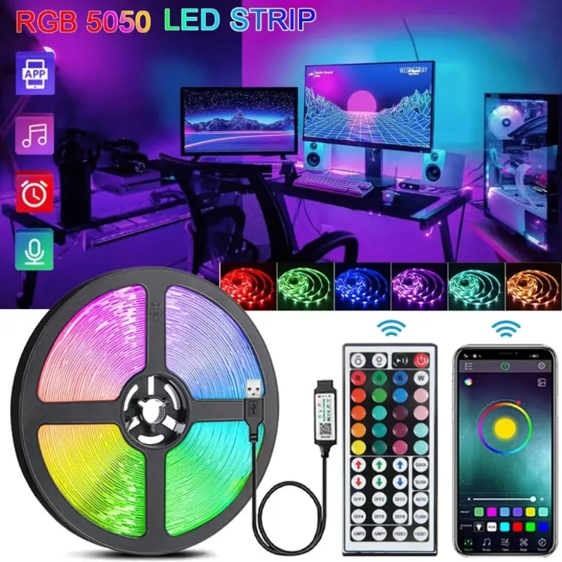 LED Strip Lights 5050 Color Flexible Ribbon Diode Tape 10M Bluetooth Control Led Light RGB Tape TV Backlight Decoration for Room