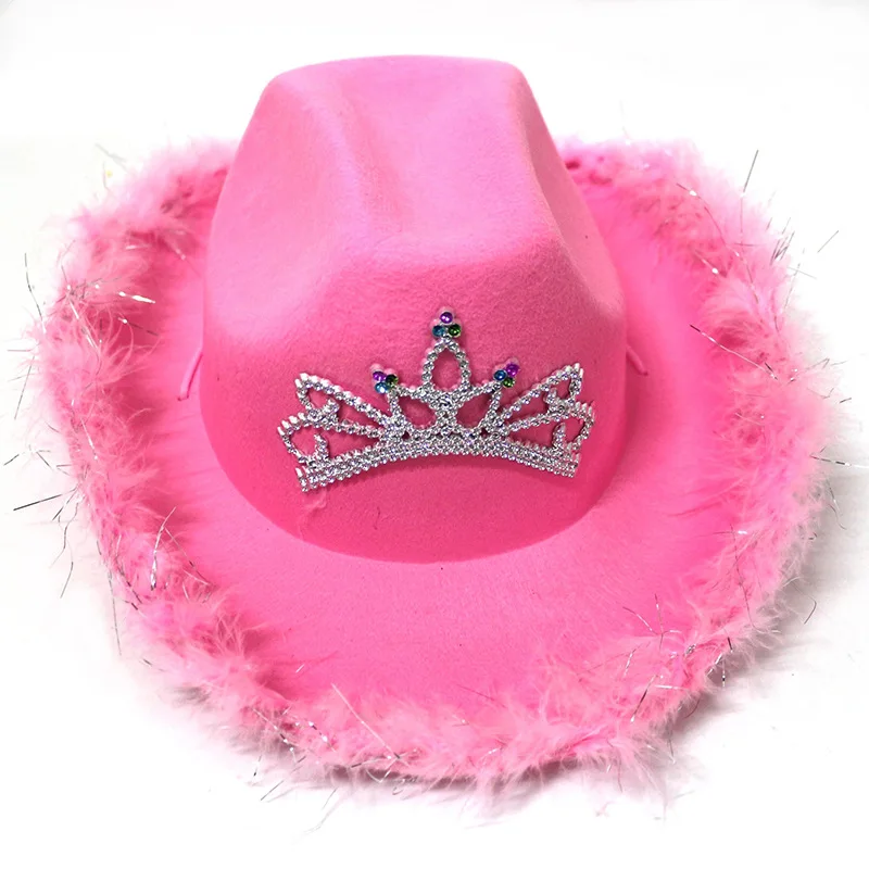 Feather Trim Letter Cowboy Hat Sequined Pink Crown Hat Prom Party Decoration Cap Happy Birthday Party Decor Kids Girl Princess 2