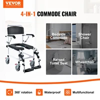 VEVOR Shower Commode Wheelchair with 4 Lockable Wheels Footrests Flip-up Arms 3-Level Adjustable Height 5L Removable Bucket 2